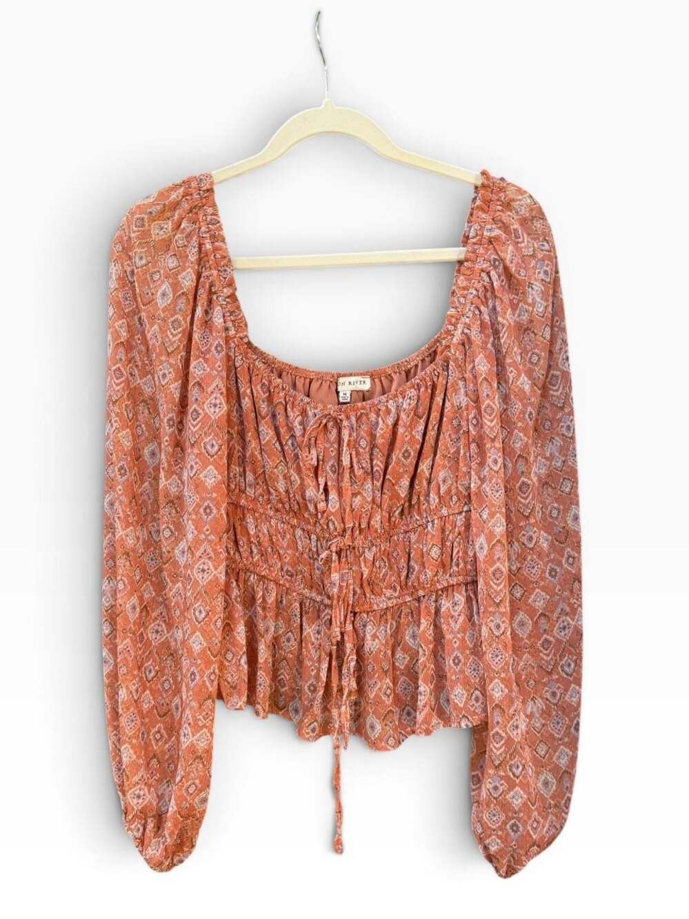 Moon River Orange Geo Print Smocked Square Neck Long Sleeve Top